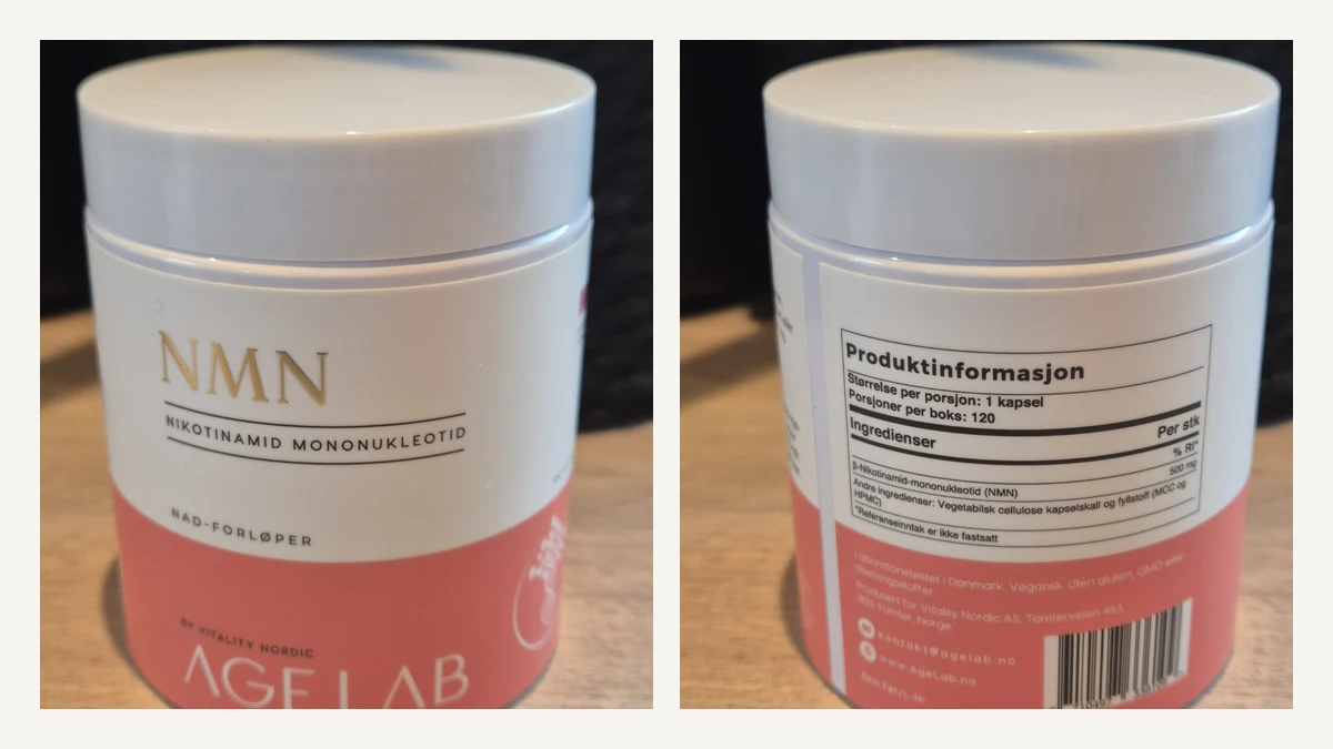 Egne bilder av AgeLab NMN: produktboksen forfra og etiketten som viser 500 mg beta-NMN per kapsel.