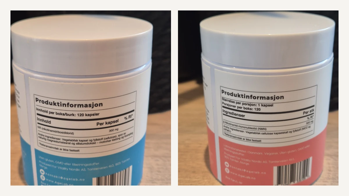 Egne bilder av AgeLab NR- og NMN-etikettene som viser henholdsvis 300 mg NR og 500 mg NMN per kapsel.