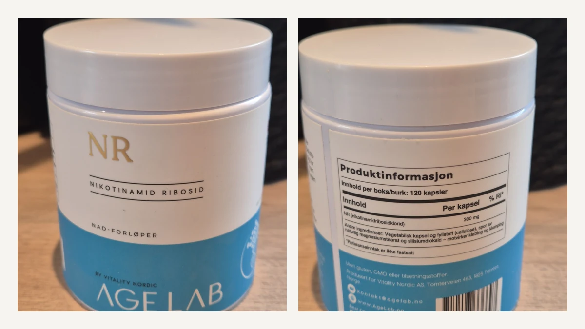 Egne bilder av AgeLab NR: produktboksen forfra og etiketten som viser 300 mg nikotinamid ribosid per kapsel.